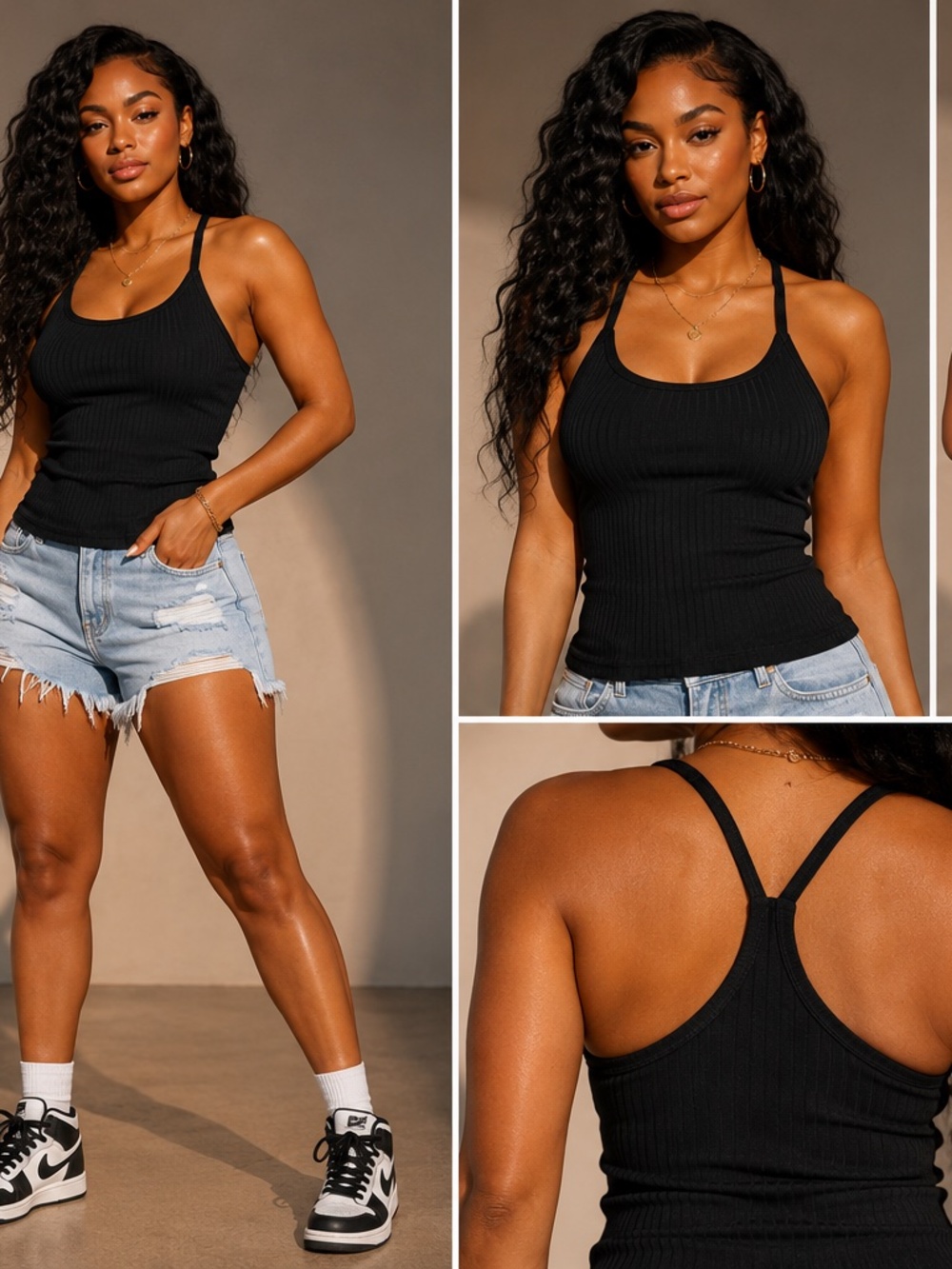 Black Ribbed Racerback Tank Top Fitted Stretch Cami